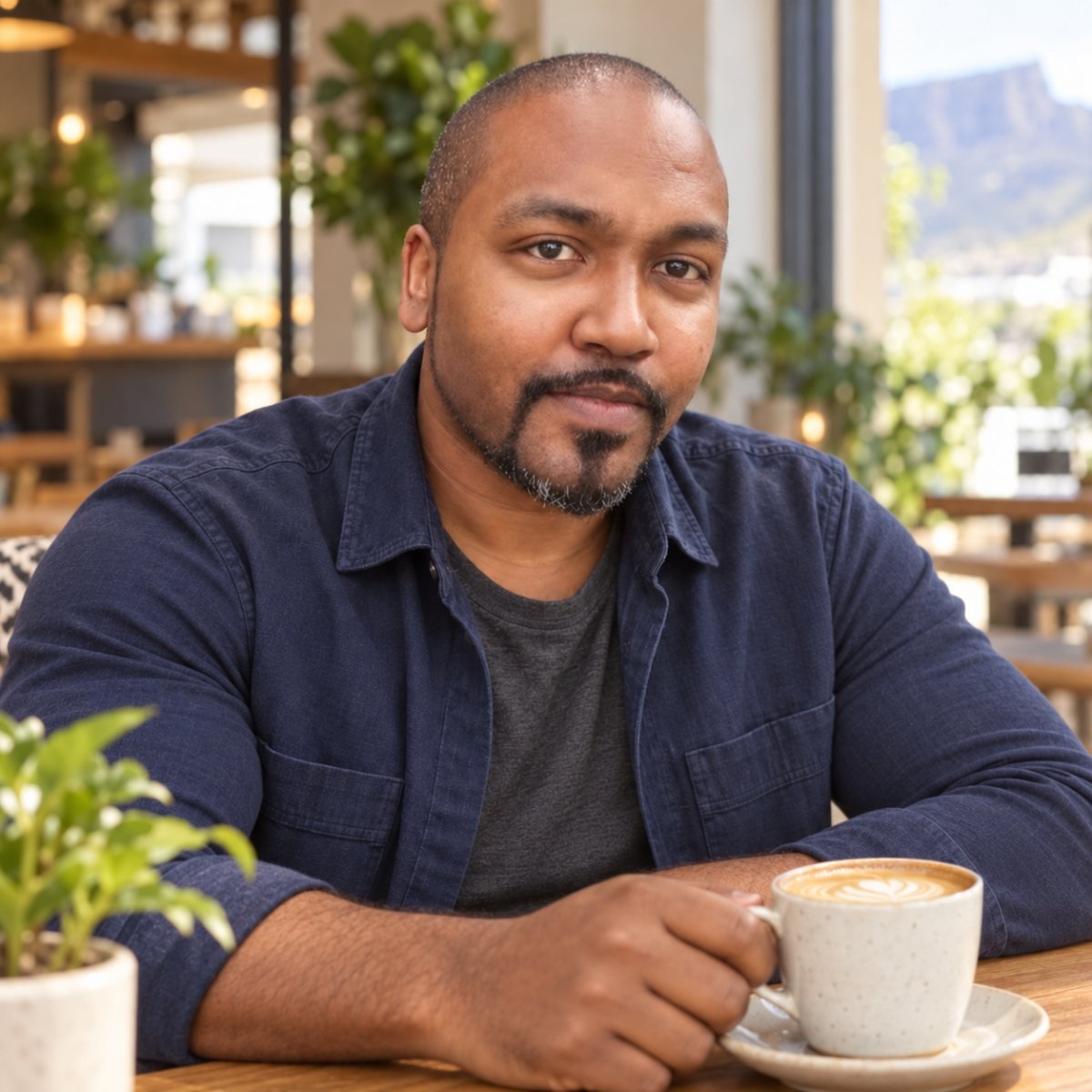 Denzil Ohlson at a café table with a cup of coffee