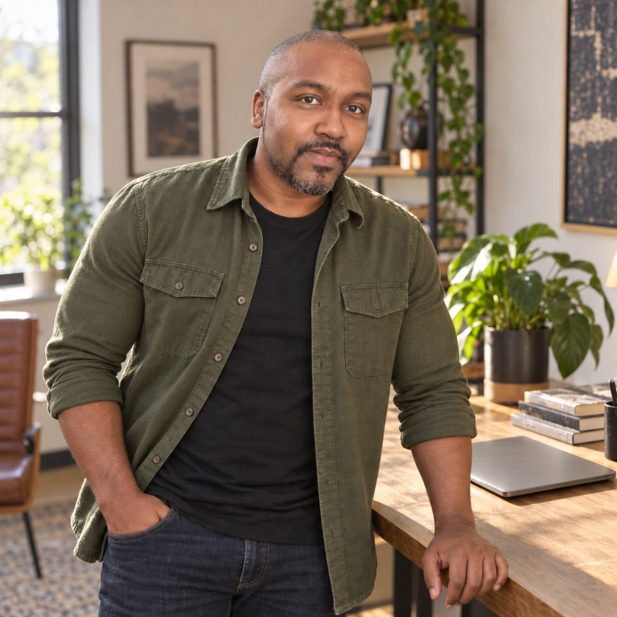 Denzil Ohlson leaning against a desk in his study